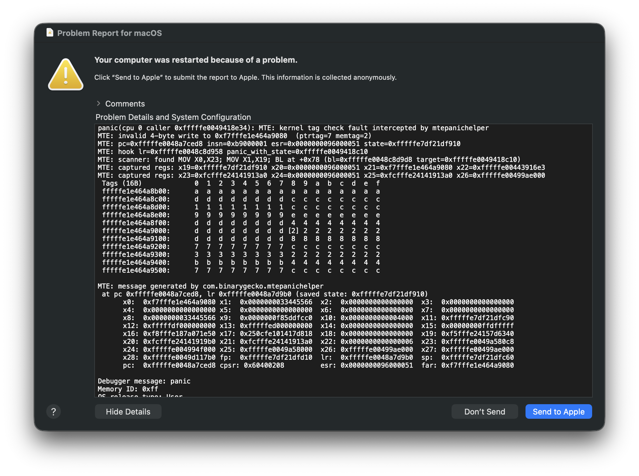 Improved macOS problem report with the mtepanichelper tag-check output